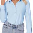 siliteelon Button Down Shirts for Women Slim fit Long Sleeve Stretch Dress Shirts Work Shirt Wrinkle Free Office Blouses Light Blue Small