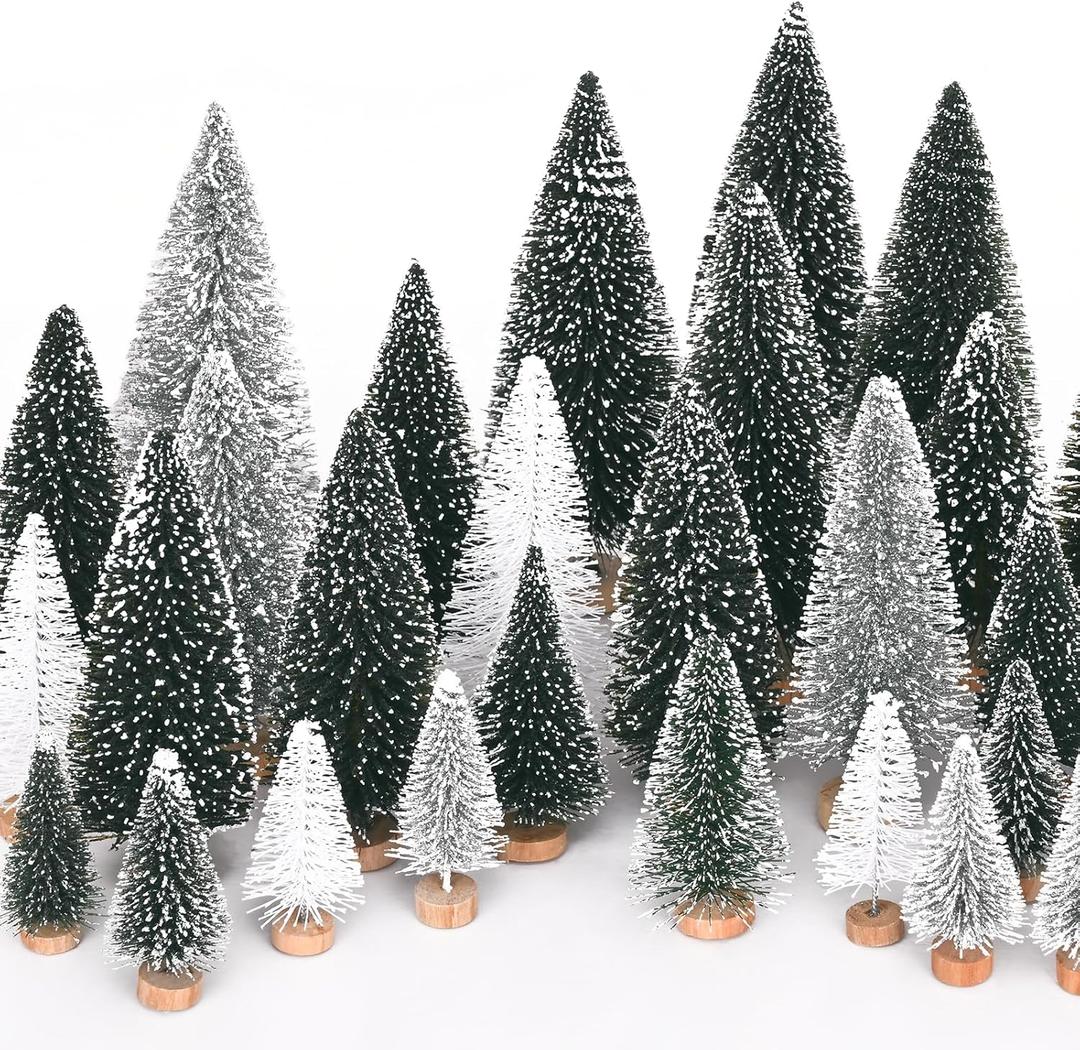 Waipfaru Christmas Table Decor, 30 Pcs Bottle Brush Christmas Trees, White Mini Christmas Trees, Farmhouse Pine Trees for Xmas Tabletop Crafts Indoor Home Decorations (Sliver & White)