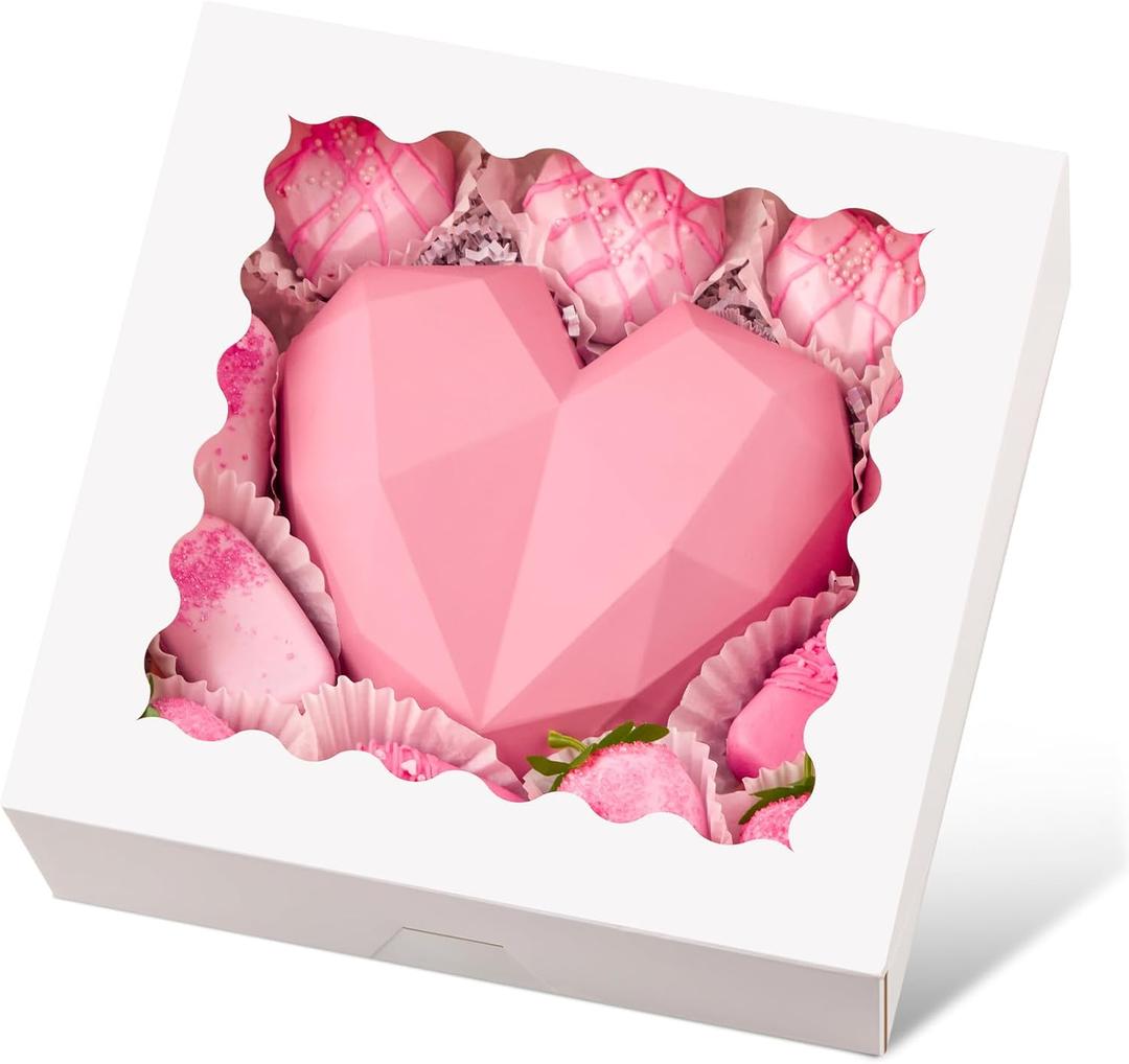 Ocmoiy 20 Pack Pie Boxes, 10 x 10 x 2.5 Inches Bakery Boxes with Window, Auto-Popup Cookie Treat Boxes for Chocolate Strawberries, Pastries, Muffins, Donuts, Breakable Heart