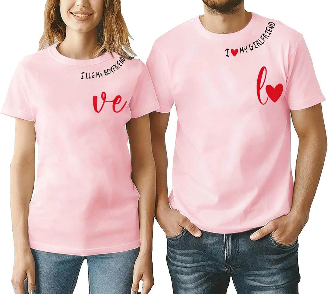 Valentine's Matching Couples Shirts Love Heart Print Graphic Shirt Husband Wife Short Sleeve Tees Tops (Pink, XL)