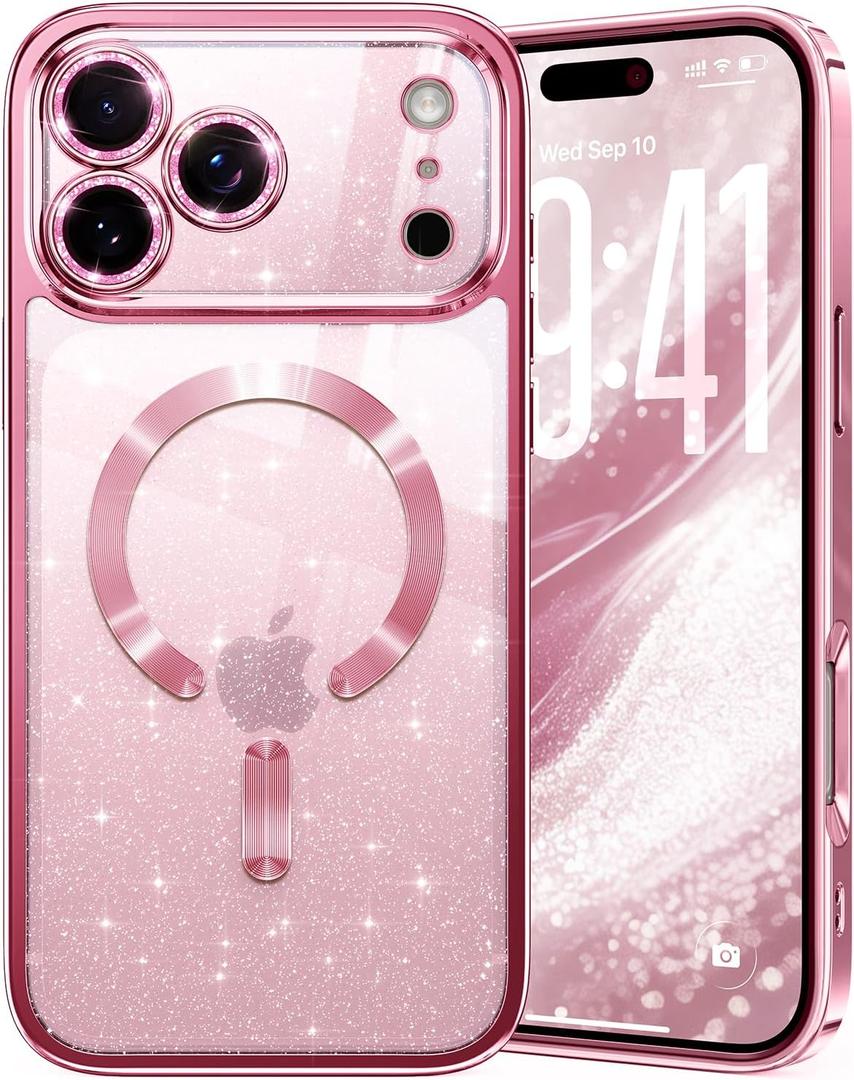 Glitter for iPhone 17 Pro Max Case with Eye-catching Integrated Lens Protection, [Sparkly Bling Back Panel] [Seamless Work with Magsafe] Cute Women Girly Magnetic Case for iPhone 17 Pro Max 6.9" Pink
