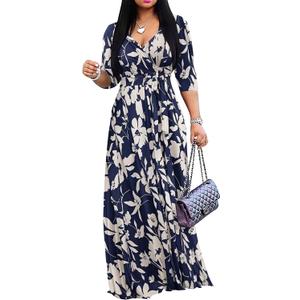 Yajedo Womens Casual Summer Maxi Dress Plus Size Sexy Wrap V Neck 3/4 Sleeve Sundress with Pockets (Blue, XL)