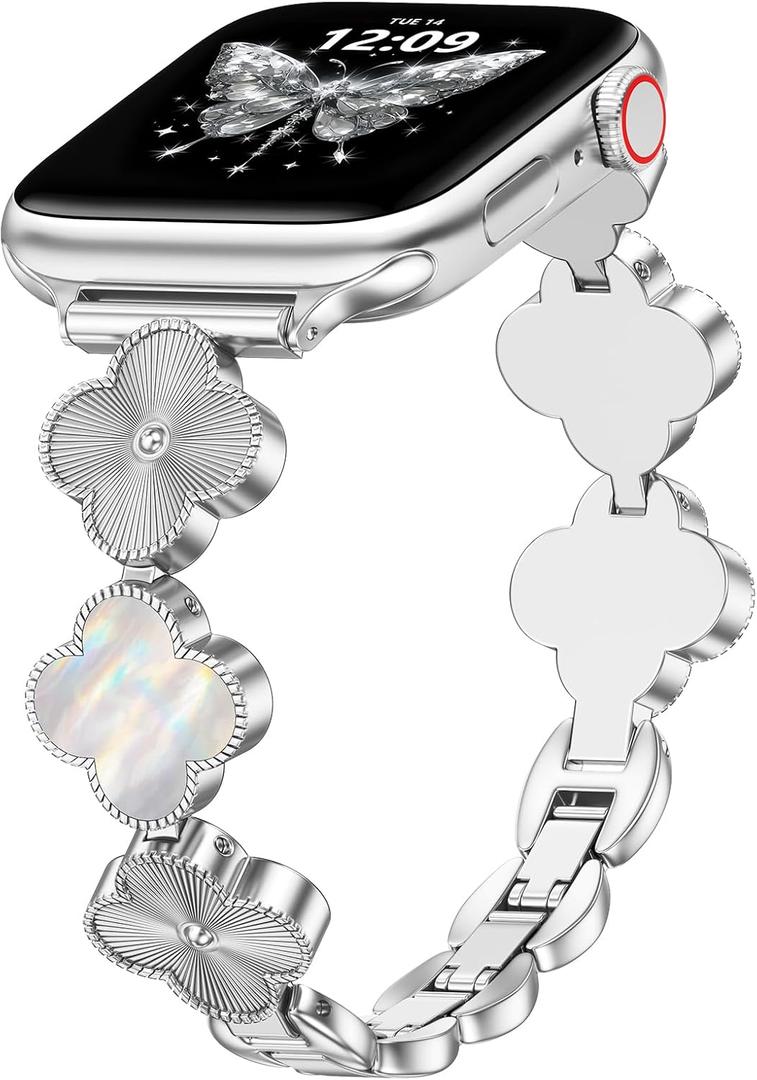 KOREDA Slim Bands Compatible with Apple Watch 42mm 44mm 45mm 46mm 49mm Series 11 10 9 8 7 SE Ultra Women, Thin Metal Dressy Jewelry Lucky Clover Bracelet for iWatch Series 6/5/4/3/2/1