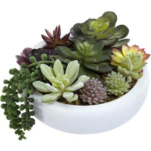 MyGift 8 Inch Round Modern Artificial Succulent Arrangement Potted in White Concrete Plant Bowl, Assorted Faux Mini Succulents in a Decorative Planter Pot