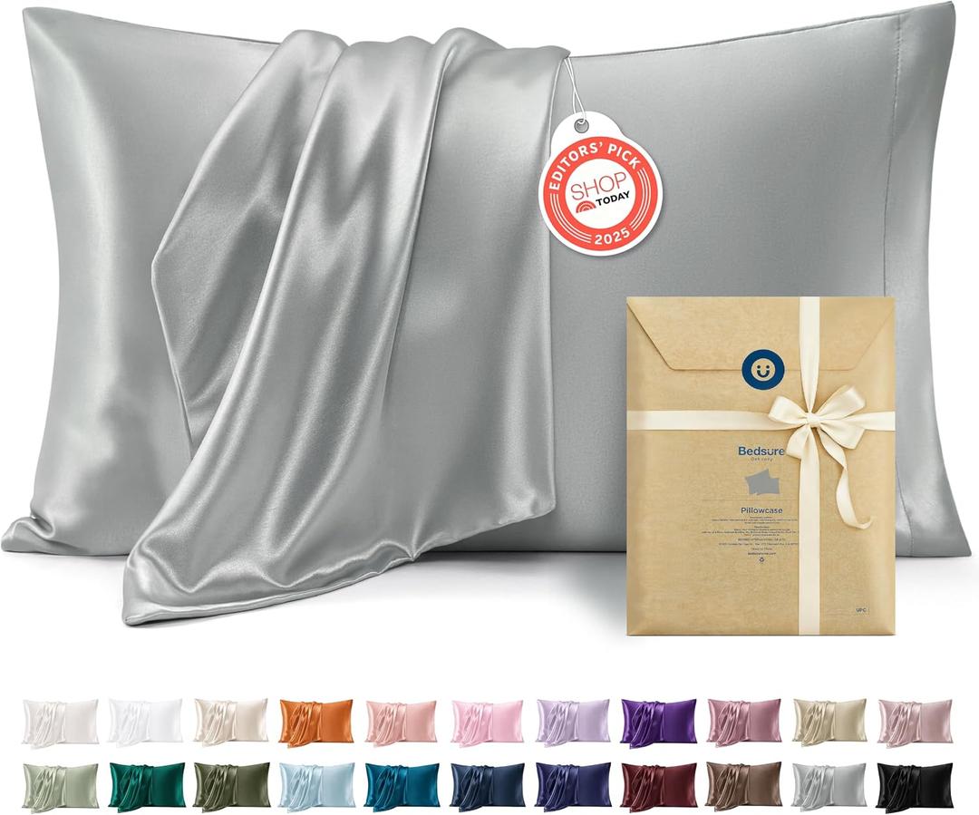 Bedsure Satin Pillowcases Queen Set of 2, Similar to Silk Pillow Cases Grey | Silky Pillowcase for Hair and Skin, Decorative Covers, Room Decor, Gifts for Women Men, Cooling, Stocking Stuffers, 20" x 30"
