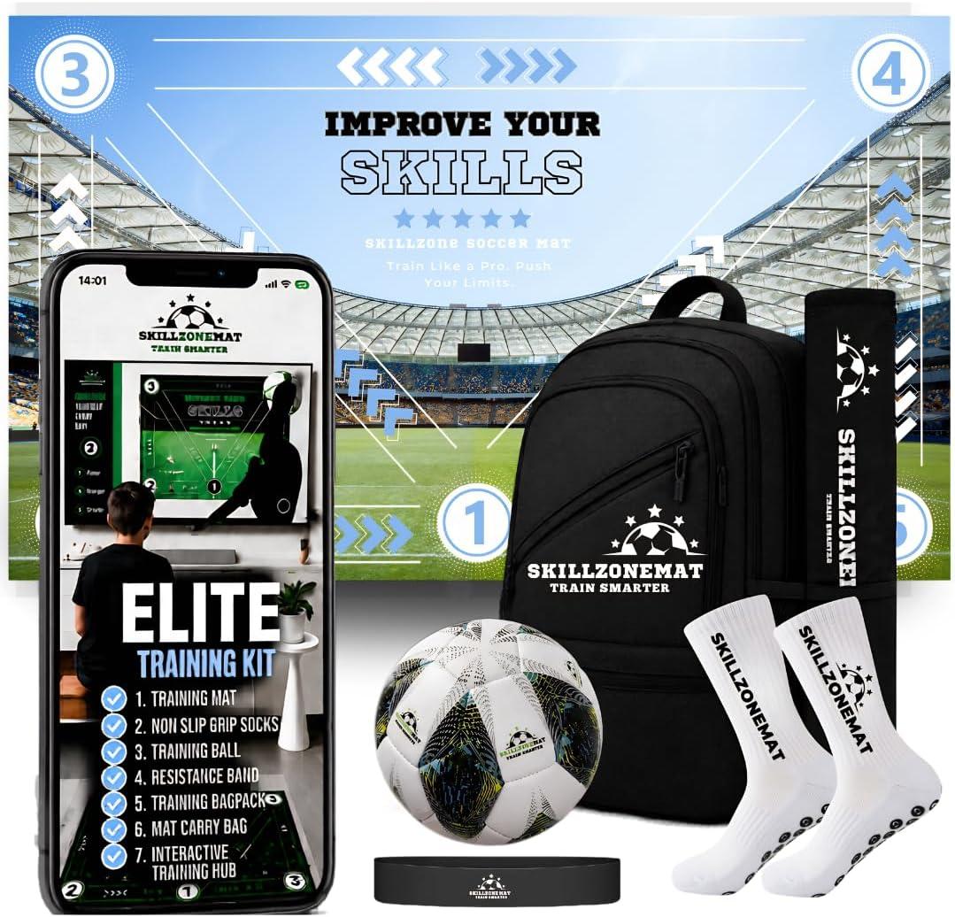 SkillZone Soccer Training Mat with Soccer Ball – Dribbling & Footwork Trainer | Indoor/Outdoor Soccer Training Kit with Interactive Video Hub, Grip Socks & Carry Bag | Control & Agility Practice