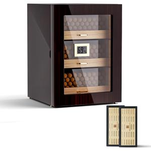 Woodronic Cigar Humidor Cabinet for 150 Counts with Spanish Cedar Lining, Crystal Gel Humidifiers, Digital Hygrometer & Larger Drawers, Glossy Ebony Finish, Desktop Cigar Gift for Men