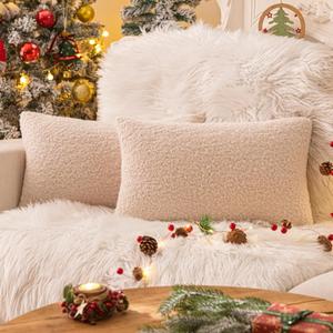 AQOTHES Beige Winter Throw Pillow Covers 12x20 Inch Set of 2, Boucle Faux Fur Pillow Covers,Cozy Fluffy Home Living Room Farmhouse Decor for Sofa Couch Bed