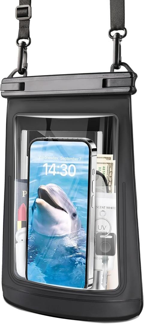 Waterproof Phone Pouch for iPhone 16 15 14 11 Pro Max & Galaxy S24 S21 - Floating Large Capacity Dry Bag Stores Sunscreen, Sunglasses - Oversized Waterproof Bag for Beach, Swimming, Kayaking (Black)