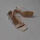 CosyFever Womens Strappy Heeled Sandals 3 Inches Chunky Block Heel Square Toe Buckle Dressy Shoes for Party Work Casual (6.5, Bone)