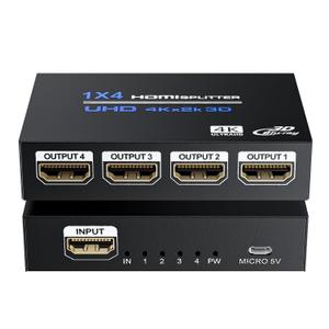 BolAAzuL 4K HDMI 1 in 4 Out Splitter 1X4 Duplicate/Mirror Only, Not for Extend, w/Power Adapter, 1 to 4 HDMI Displays Same Content for TV PS3 PC DVD Projector