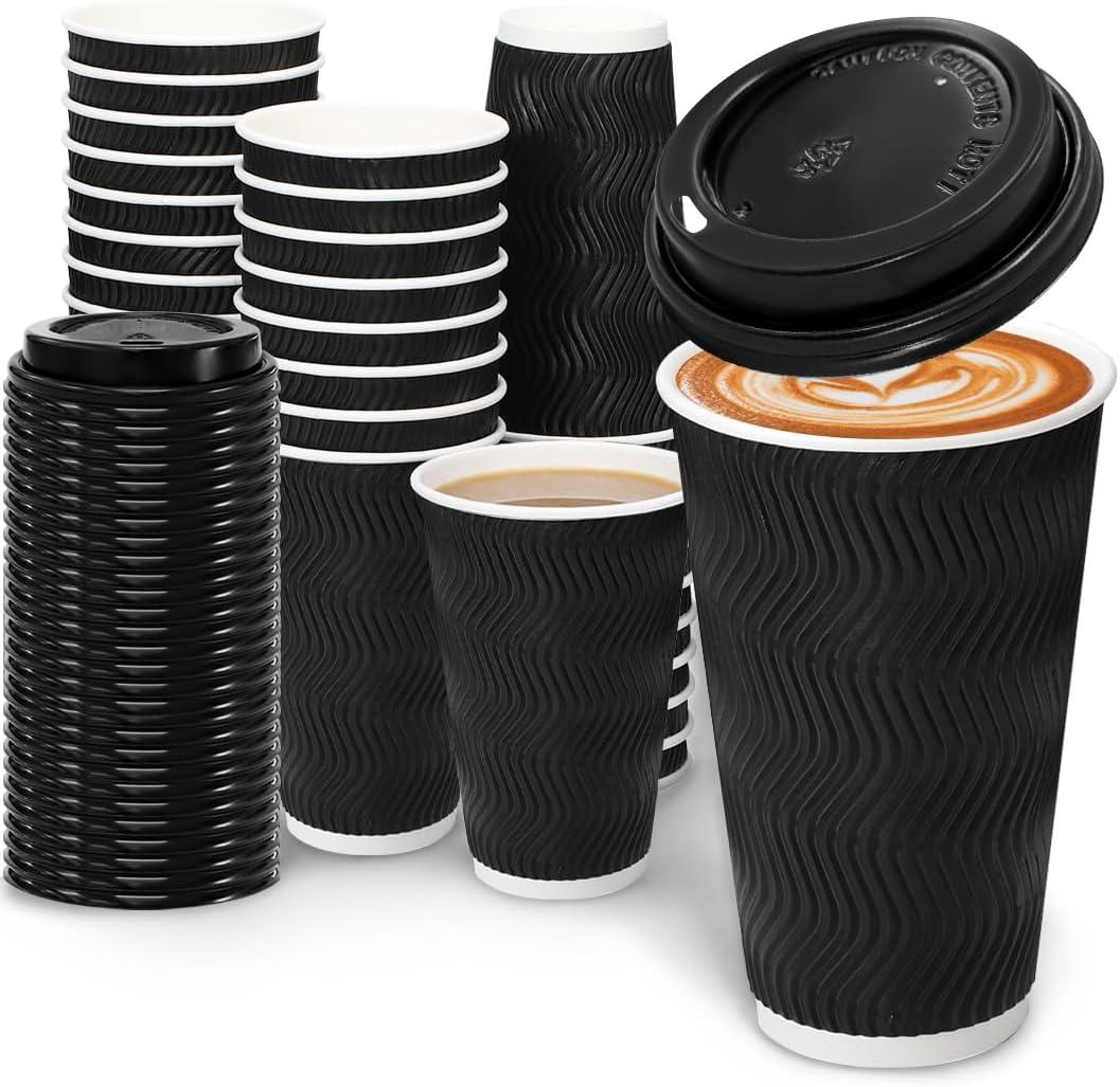 100 Pack 16 oz Coffee Cups with Lids, Disposable Insulated Hot Cups To Go Paper Coffee Cups, Corrugated Ripple Wall Cup for Hot Drink, Office, Coffee Bar (Black 16 oz)