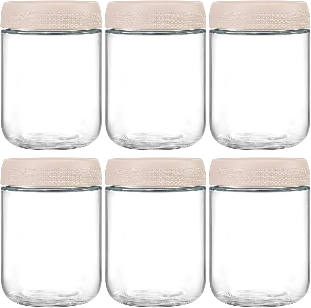 NETANY 6-pack 16oz Glass jars with Airtight Lids, Overnight Oats Containers with Lids, Wide mouth Mason Salad jars, Glass Food Storage Containers for Snacks Yogurt Spice Sugar-Beige, 3 inches x 5.8 inches