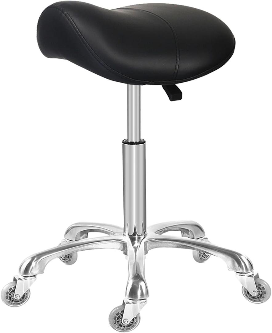 Saddle Stool with Wheels, Rolling Ergonomic Stool with Thick Saddle Seat, Adjustable Chair for Medical Dental Massage Clinic Salon (Black, Without Backrest)