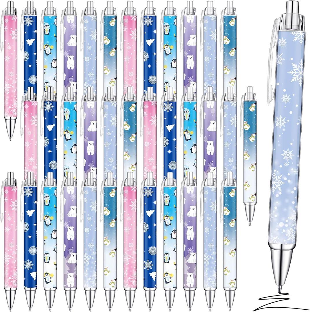 Yeaqee 36 Pcs Winter Party Favor Pen Bulk Christmas Snowflake Penguin Snowmen Pastel Ballpoint Black Ink Retractable Pen Classrooms Exchange Gift for Wonderland Xmas Holiday Prize School Supplies