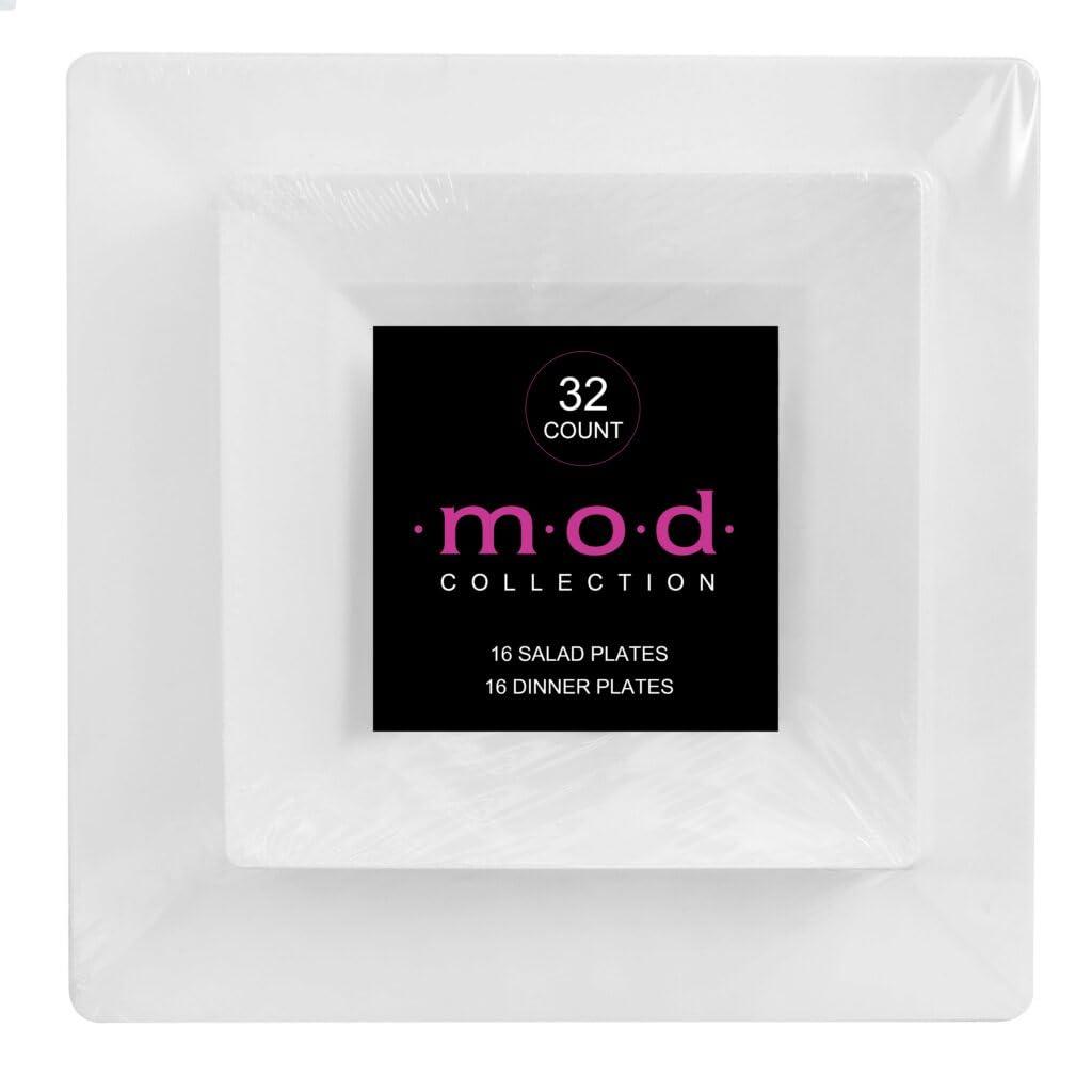 Mod Square Combo Plates, White, 6.5" & 9.5", Case of 128 (4 packs x 32)