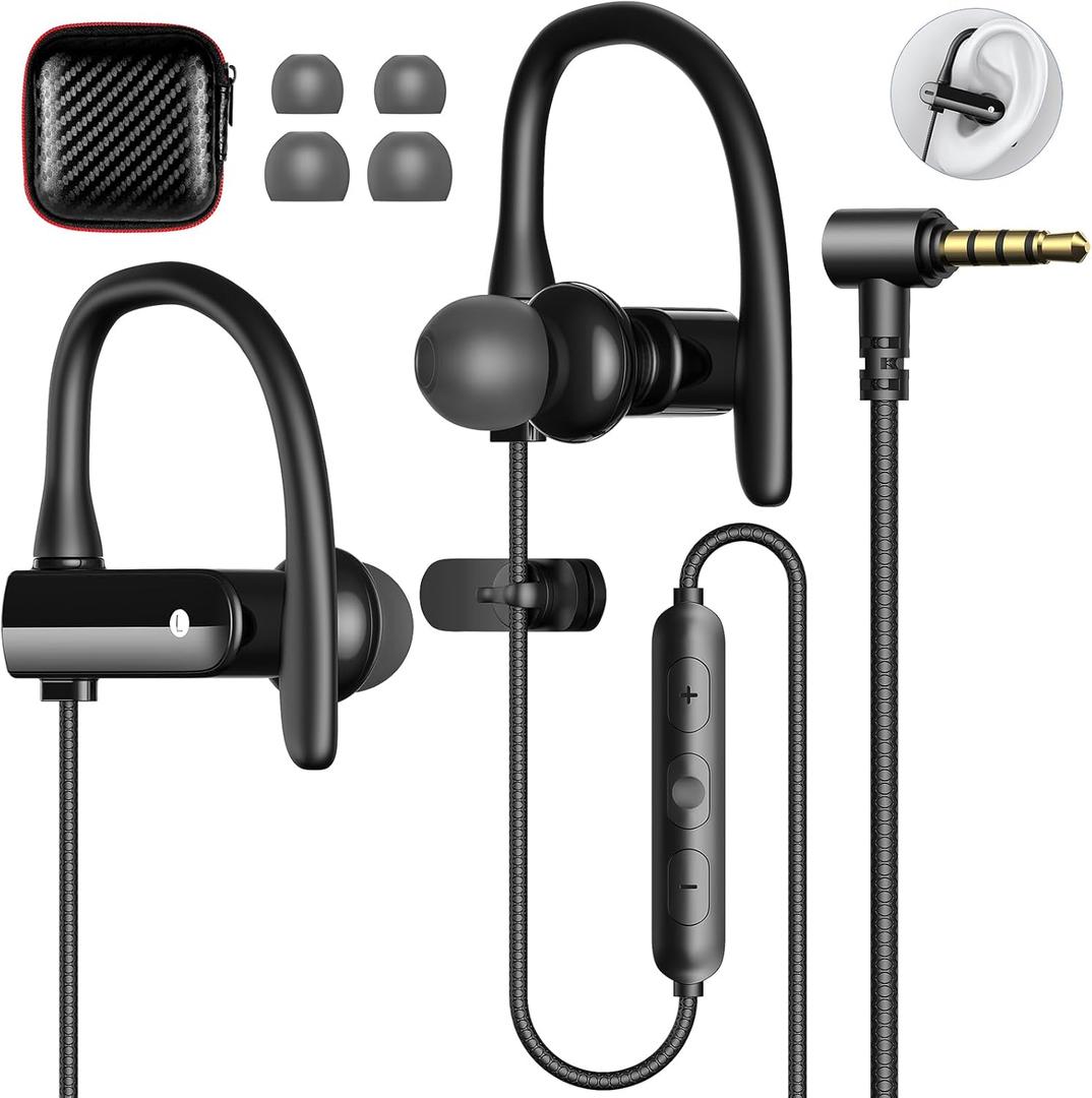 5.9 ft Long Cord 3.5mm Headphones Sport Wired Earbuds with Mic Noise Isolating Earphone Stereo Over Ear Buds Wired Plug in with Ear Hook for Samsung Galaxy A25 A03s A15 S10 A12 for Switch/Laptop/PC
