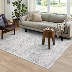 LIVEBOX Washable Area Rug 5x7 Large Boho Living Room Rug Vintage Grey Rugs for Bedroom, Lightweight Retro Carpet Floral Accent Rugs for Nursery Room High Traffic Area (Silvergray)