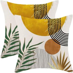 Boho Pillow Covers 16 x 16 inch Set of 2 Mid Century Green Mustard Yellow Gold Bohemian Outdoor Decorative Throw Pillow Linen Farmhouse Abstract Sunset Tropical Leaf Pillowcase for Home Couch Sofa