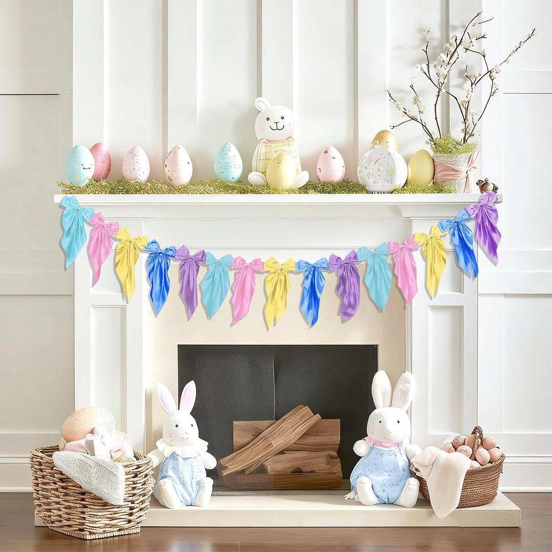 Pastel Bow Garland Banner for Fireplace Mantel Decor Satin Ribbon Bow Knot Hanging Garland Banner for Bachelorette Bridal Shower Birthday Wedding Party Supplies Favors (Pastel)