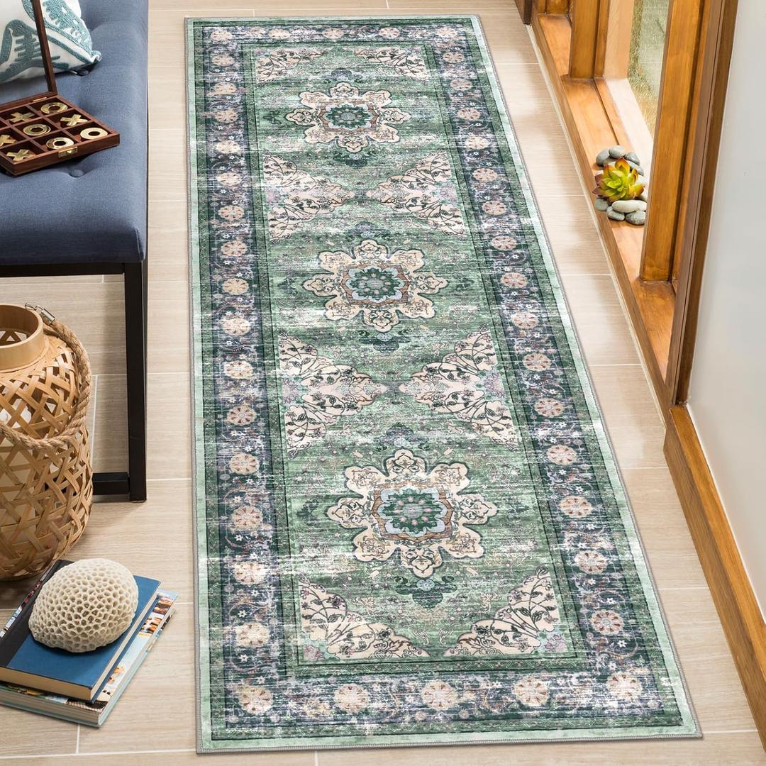 Ileading Vintage Runner Rug for Hallway,Machine Washable Carpet Runners with Rubber Backing,Non Slip Kitchen Floor Mat for Entryway Bedroom Laundry Living Room(Dark Blue 2x6ft)