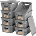 8-Pack Grey Plastic Storage Baskets with Lids, Label Organizers, Stackable Organizer Containers: For Organizing Shelves, Drawers, Desk Closets, Playrooms, Classrooms, Offices
