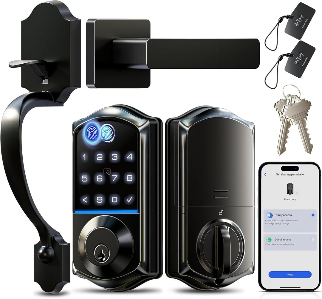 Veise VE017-H Fingerprint Smart Front Door Lock Set, App Control, 8-in-1 Keyless Entry Deadbolt with Zinc Alloy Handles, Emergency Power Port, Touchscreen Keypad, Auto Lock, Easy Install, Matte Black