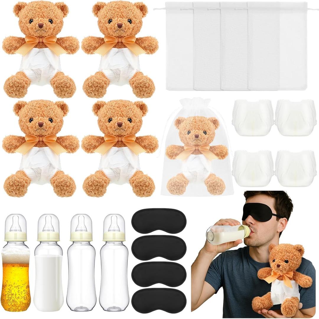 4 Set Bottle Chug Bear Baby Shower Games Blindfolded Diaper Changing Christmas Party Games Kits Bottles Diapers Blindfold Eye Masks Brown Bear Baby Shower Christmas Party Guest Gifts