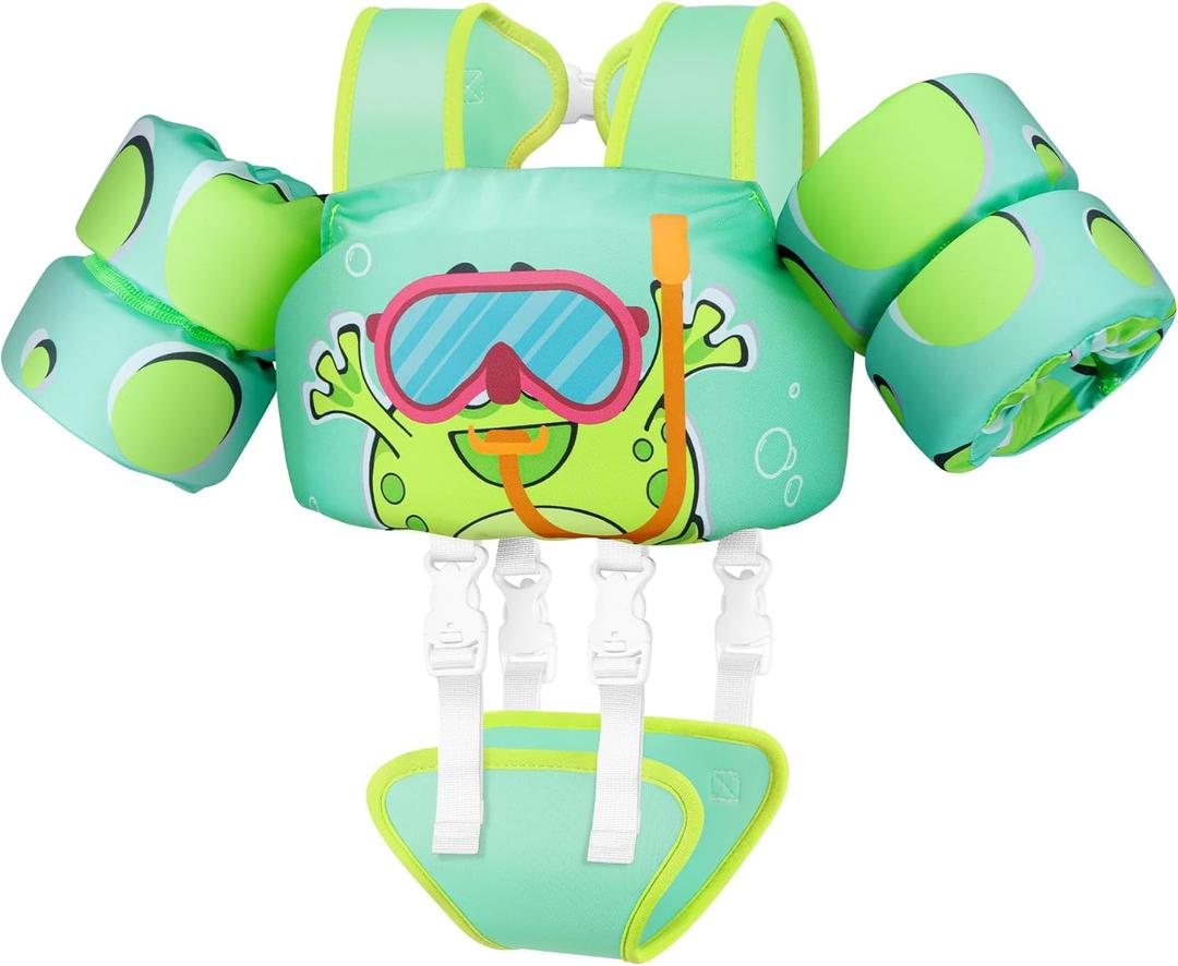 Vvinca Toddler Swim Vest for Kids 13-30lbs Boys Girls Puddle Kid Jumper Toddlers Pool Floaties Jacket with Adjustable Crotch Strap Sleeves Shoulder for 1-3 Yrs Old Baby Infant Learn to Swim (06-Green Frog)