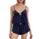 Lace Trim Pajama Sets for Women 2 Piece Flowers Embroidery Cami Tank Top and Shorts Pj Set Y2k Matching Lounge Sleepwear (Navy Blue, M)