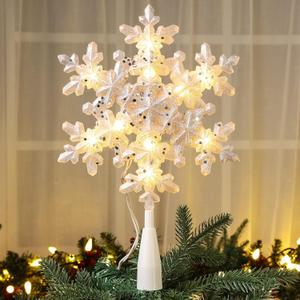 Brizled Silver Snowflake Tree Topper, 9" Christmas Tree Topper with 10 Warm White Lights, 120V UL Certified Christmas Tree Star Topper, Glitter Snowflake Treetop for Christmas Tree Party Home Decor