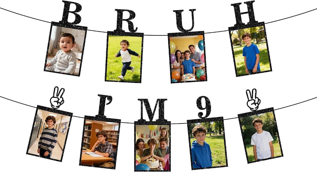 9th Birthday Decorations Banner Boy - 2 Pcs Black Glitter Photo Banner Bruh I M 9 with Photo Cards Pre Strung for Kids Boys 9 Year Old Birthday Party Decor Supplies