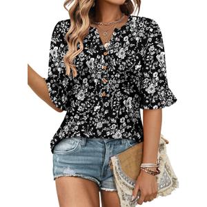 CHICZONE Womens 3/4 Length Bell Sleeve Tops Loose Summer Tunic Shirts Dressy Casual Blouses (A Floral Black White)