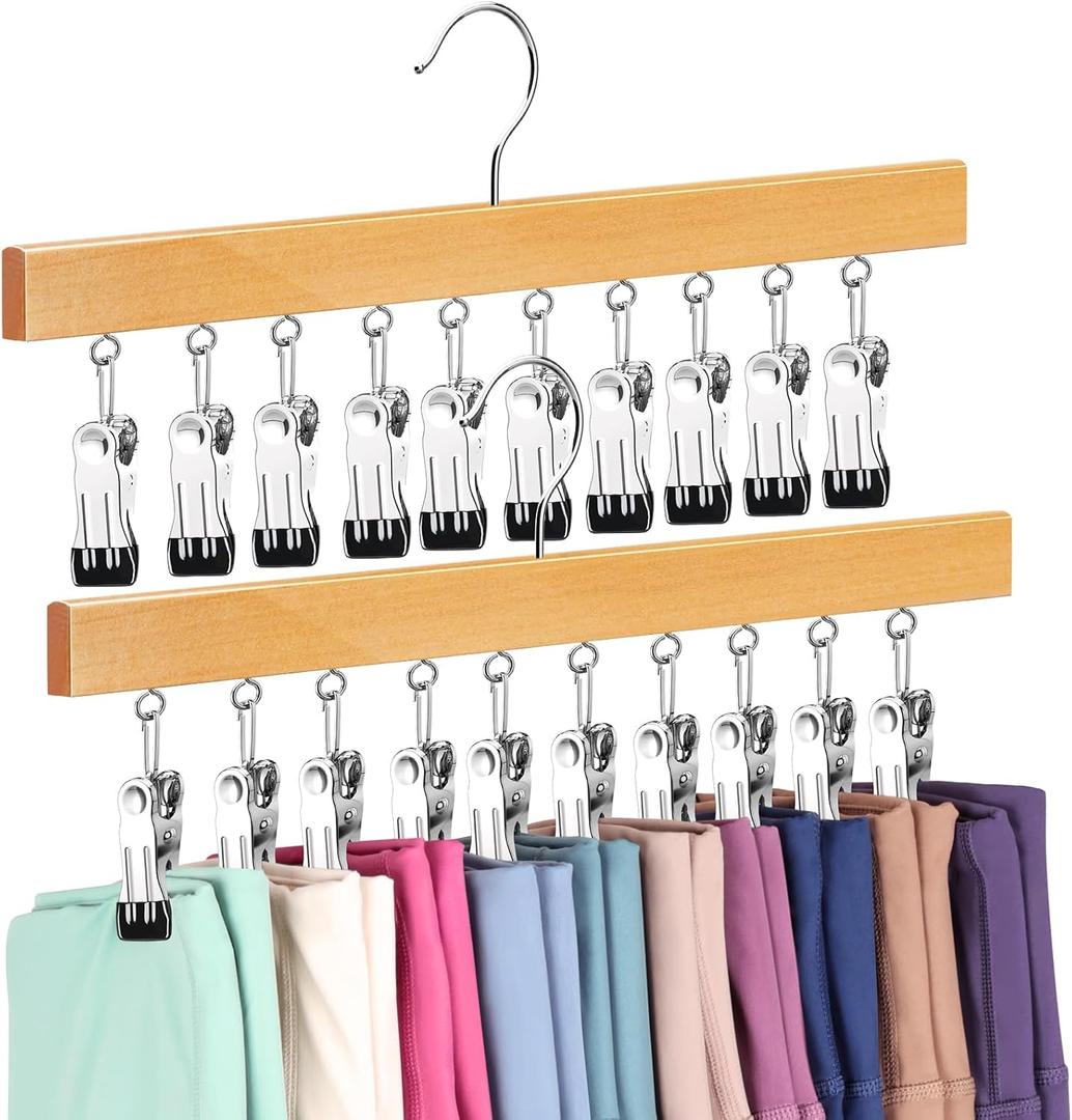 Legging Organizer for Closet, Pants Hangers with Clips Holds 20 Leggings, Jeans, Hats, Shorts, Socks, 360 Rotating Space Saving Hanging Clothes Organizer for Closet Organizers and Storage (Natural) 4 Pcs