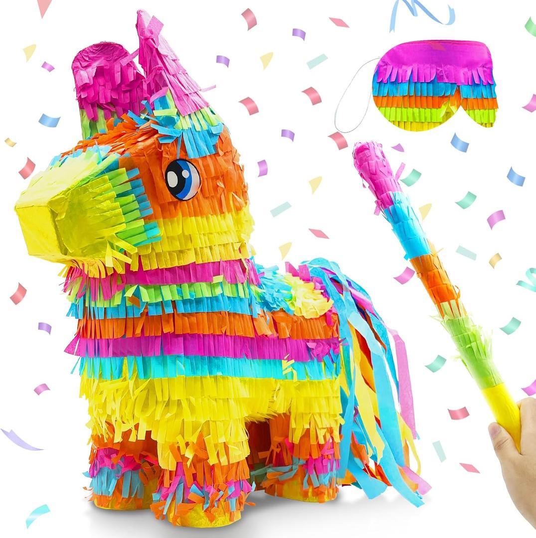 16" Cinco de Mayo Pinata, Large Rainbow Color Donkey Pinata 16 x 13 x 5.5 ln with Stick and Blindfold for Fiestas Mexican Party Decoration, Photo Prop, Taco Tuesday Event