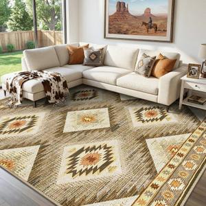 Area Rug 8x10 Rug Machine Washable Non-Slip Low Pile Print Pattern Western Rug for Living Room Bedroom Entryway Tribal Series -Cream/Camel