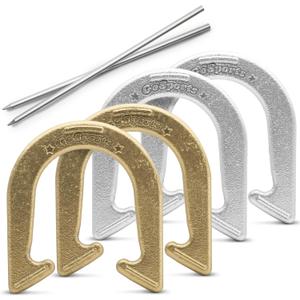 GoSports Steel Horseshoes Outdoor Game Set - Gold & Silver or Red & Blue - Official Size and Weight (Black, M)
