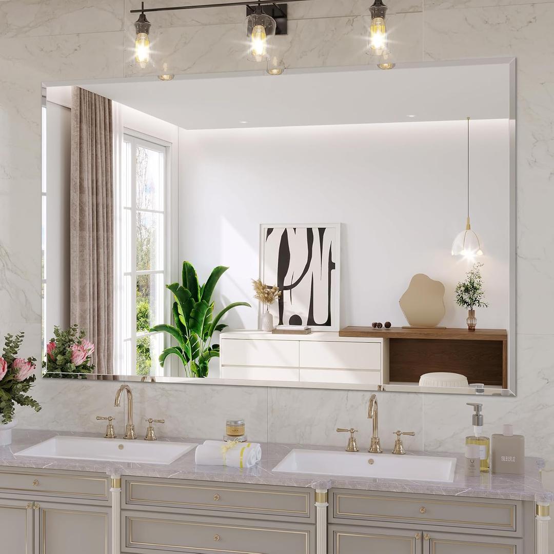 Frameless Bathroom Mirror for Wall, 55"x36" Beveled Bathroom Vanity Mirror, Modern Rectangle Bathroom Mirrors for Bedroom, Entryway, Living Room, Hangs Horizontally or Vertically