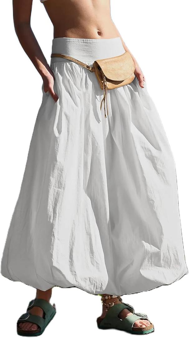 Y2K Bubble Maxi Skirts for Women A Line Long Pleated Casual Summer Skirts 2024 Elastic Waist Balloon Midi Skirt (Medium, White)