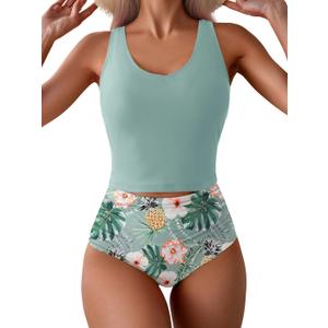 Eomenie Two Piece Tankini Swimsuits for Women Tummy Control Bathing Suits Cutout Back Swim Tank Top with High Waisted Bottom (Medium, Green Floral)