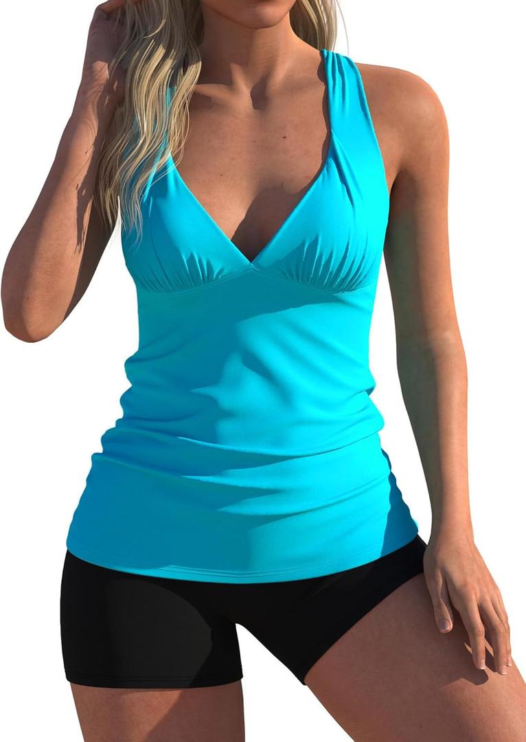 Women Two Piece Swimsuits Tankini Set with V Neck Pleated Top Boyshort Bottom, S