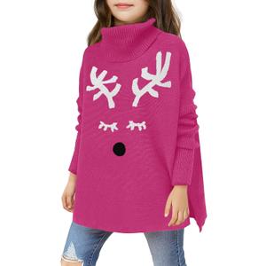 Haloumoning Girls Christmas Sweater Kids Oversized Turtleneck Cute Reindeer Sweaters with Side Slit