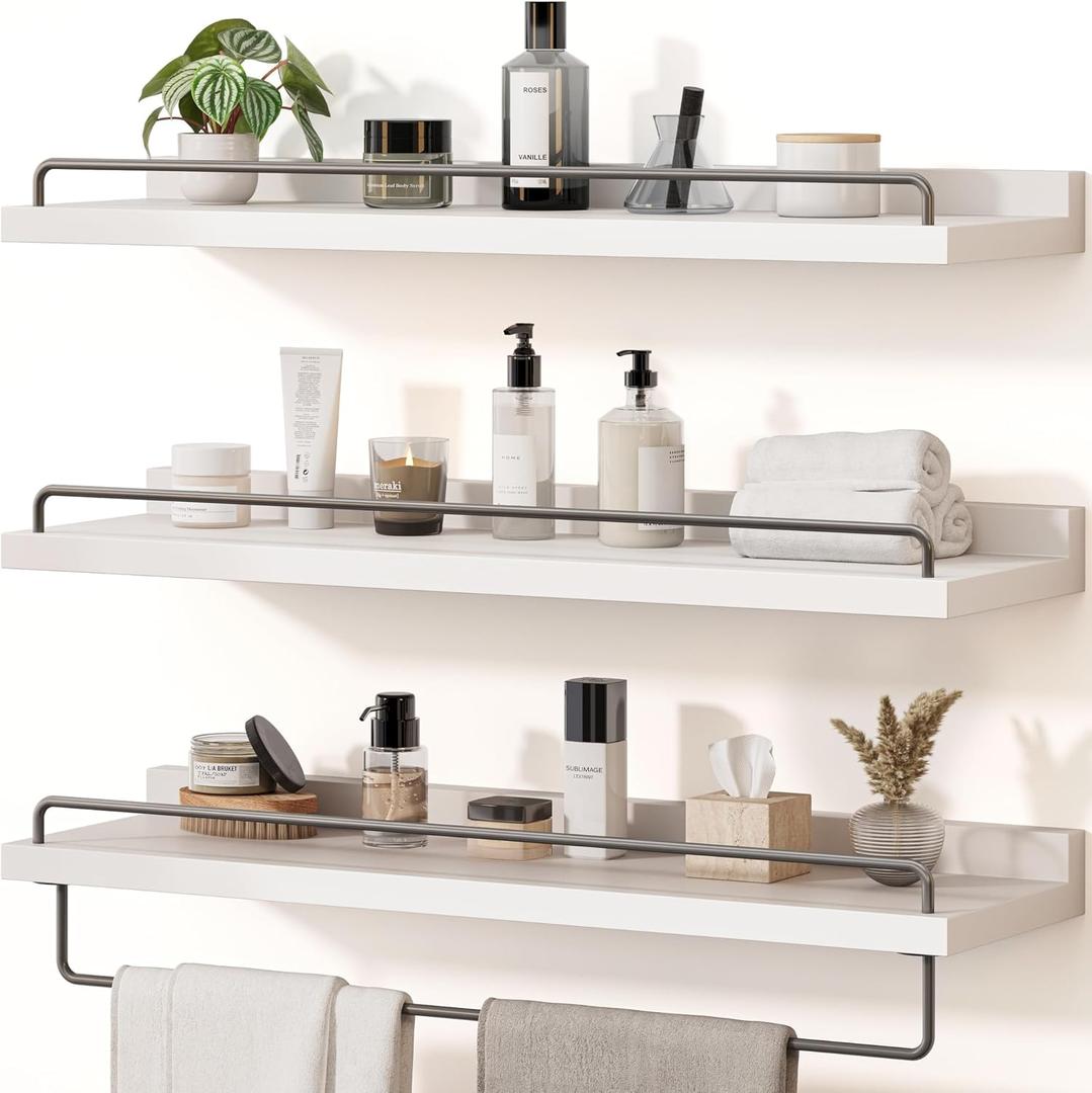 Bathroom Shelves, Wall Shelf Set of 3, Floating Shelves, Shelves for Room Wall, Bathroom Decor (White Grey, 23 Inches)