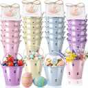 Otoolling 24 Small Easter Metal Bucket with Handle Mini Egg Pails Bulk Crayon Pencil Craft Supply Holder for Easter School Party Favor with Egg Hollow (Blue, Pink, Yellow, Purple)