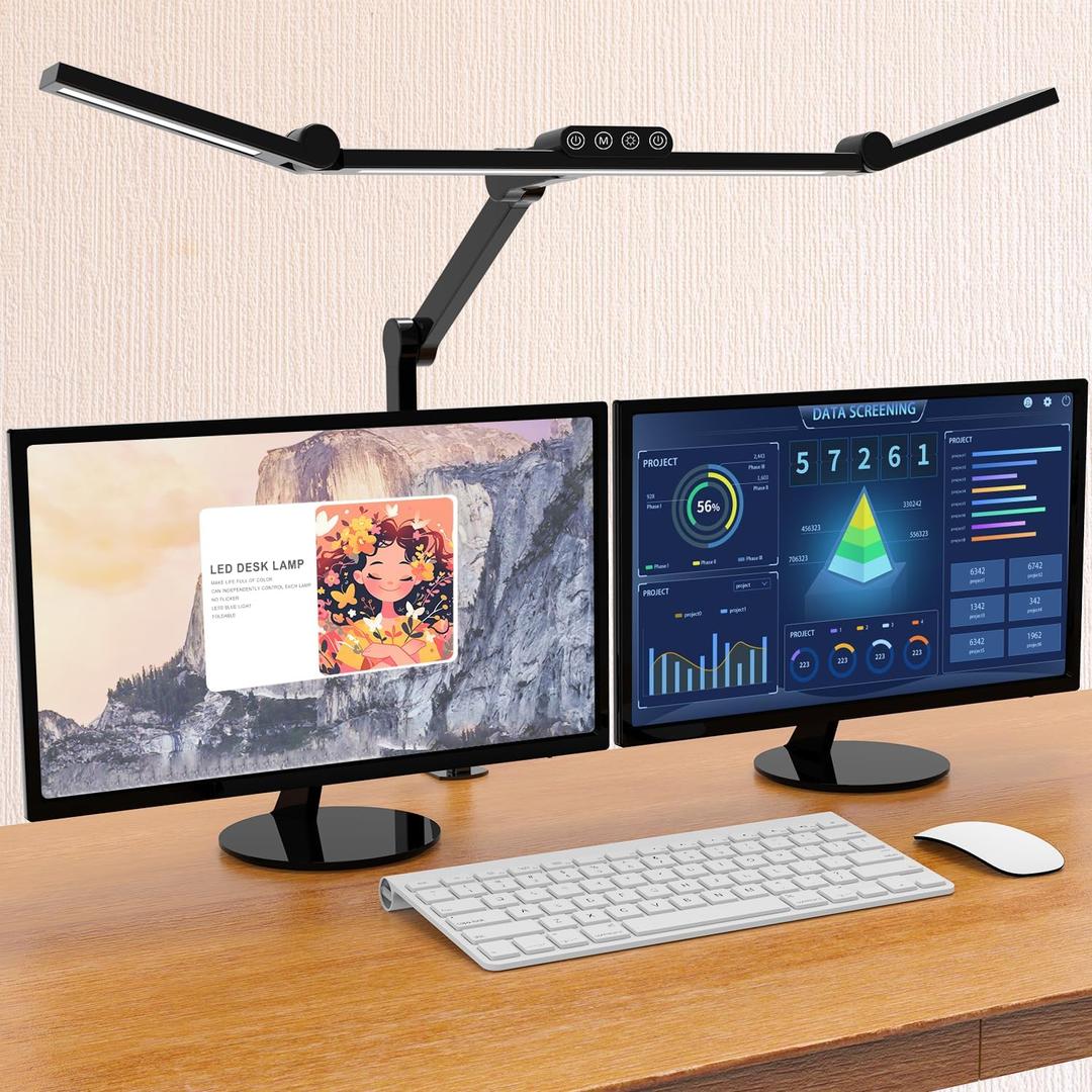 Micomlan Led Desk Lamp with Clamp, Architect Desk Lamp for Home Office with Atmosphere Lighting, 24W Ultra Bright Auto Dimming Computer Light Step less Dimming and Tempering LED Table Light (Black)