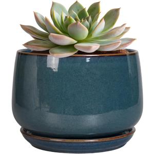 G EPGardening Ceramic Planter 6 Inch - Round Modern Ceramic Pot for Plants with Drainage and Plant Tray Indoor for Flower, Apartment Decor, Housewarming Gifts New Home, Retro Blue