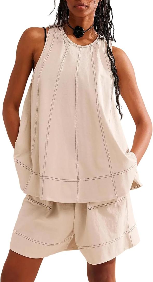 Women's 2 Piece Outfits Sleeveless Crew Neck 2025 Summer Casual Loose Tank Top Wide Leg Shorts with Pockets (Medium, Apricot)