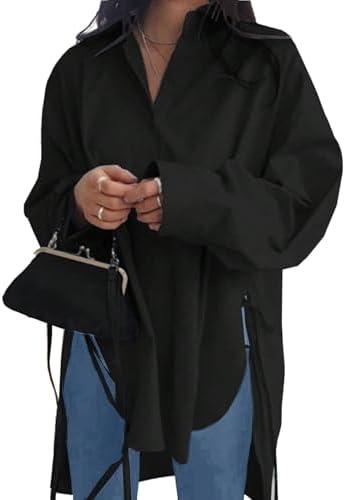 Oversized Button Down Shirts for Women Casual Long Sleeve High Low Boyfriend Tops Drop Shoulder Blouse 100% Cotton M