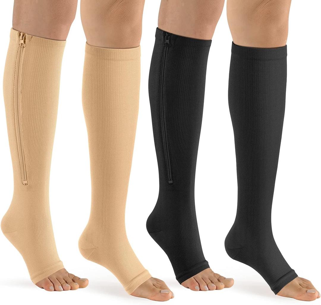 bropite Zipper Compression Socks Women & Men - 2Pairs Calf Knee High 15-20mmHg Open Toe Compression Stocking suit for Walking (3X-Large, C-black/Nude)