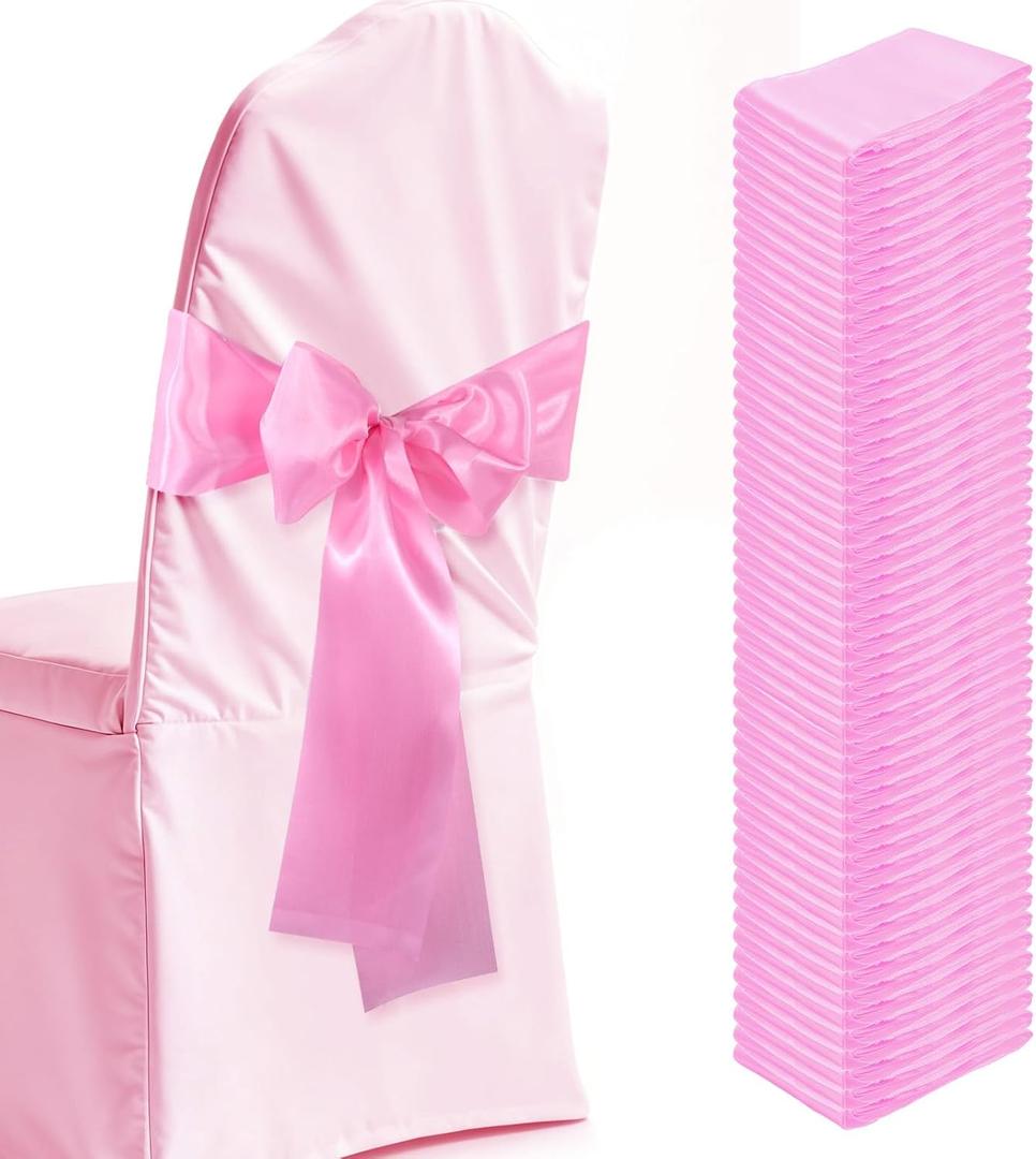 Satin Chair Sashes Ties 50 Pack Chair Ribbons Bows Chair Cover Bands Ties for Wedding Banquet Party Christmas Baby Shower Banquet Events Decoration (Pink)